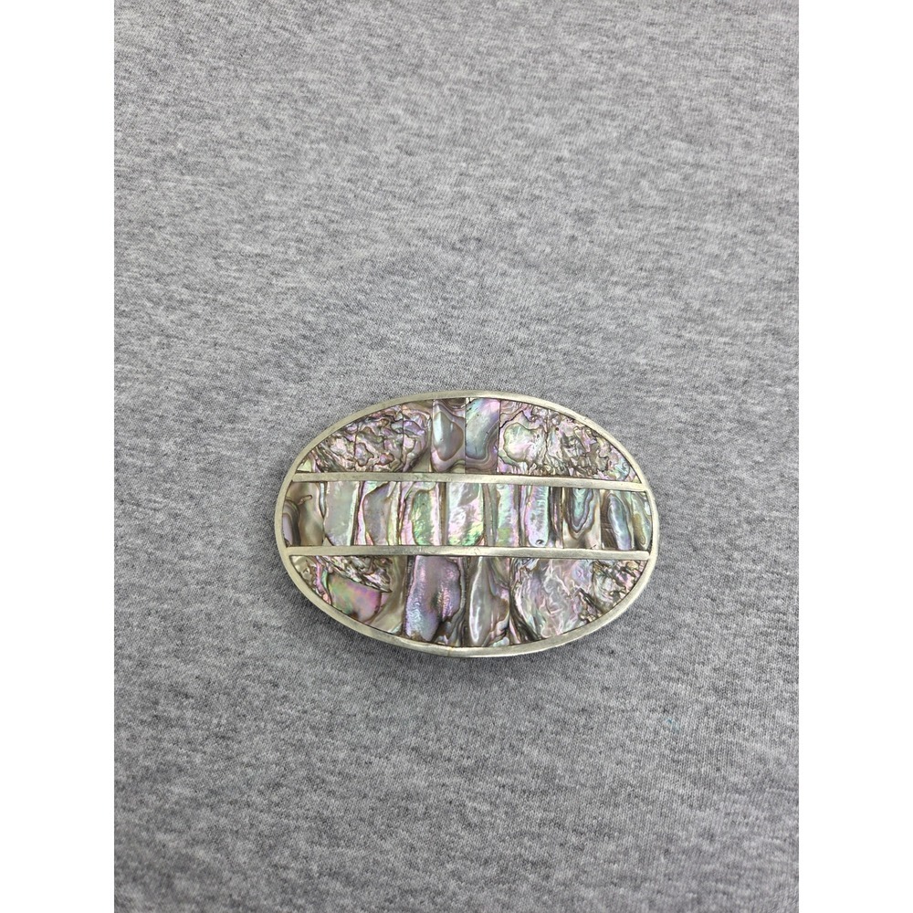 Vintage Womens Handmade Abalone Shell Inlay Large Oval Belt Buckle Boho